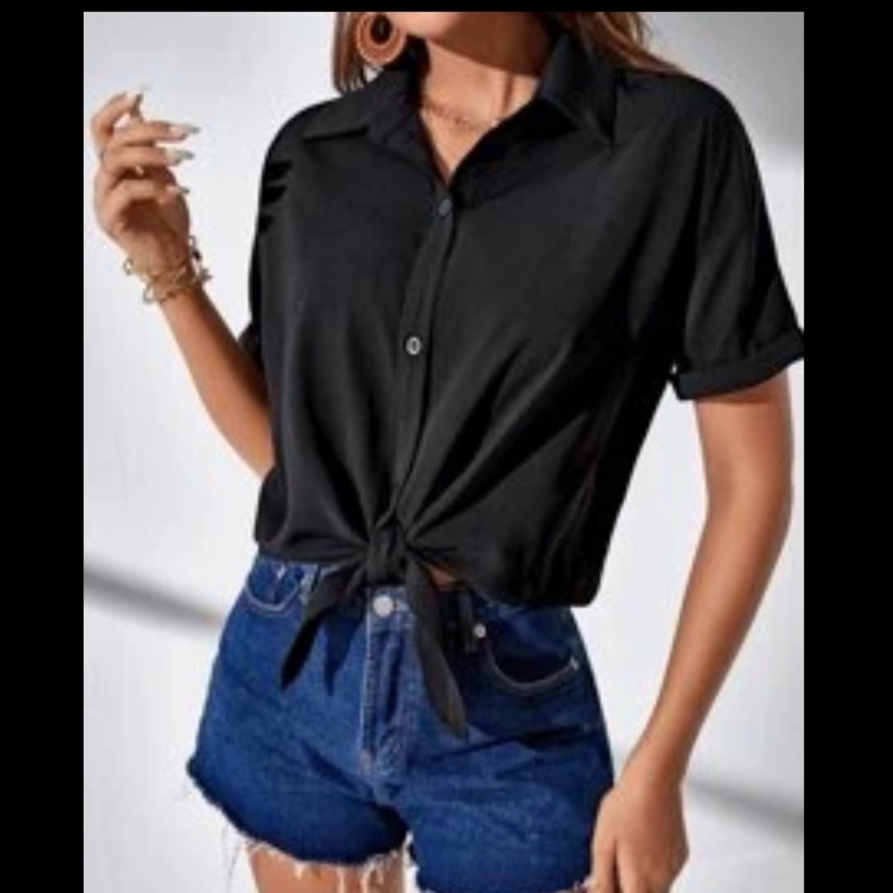 Topshop Black Button up Tie T-Shirt